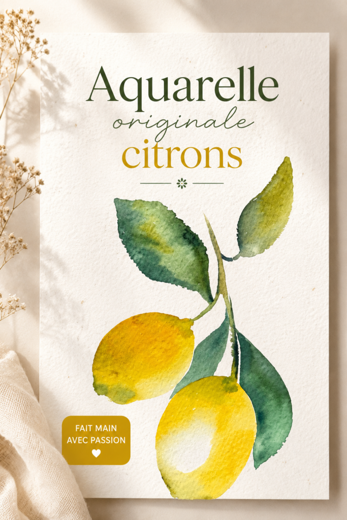 Aquarelle originale représentant des citrons éclatants sur un fond lumineux.