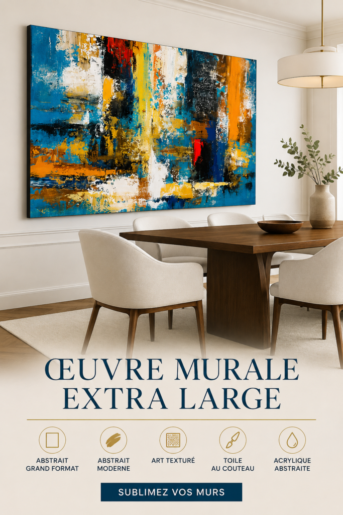 Un bel intérieur avec des tableaux modernes et abstraits sur les murs, apportant une touche de style.