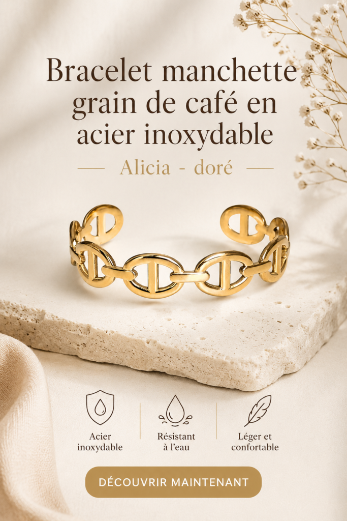 Bracelet manchette en acier doré avec motif grain de café
