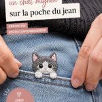 Un jean avec un chat brodé sur la poche, illustrant un projet de couture créatif.