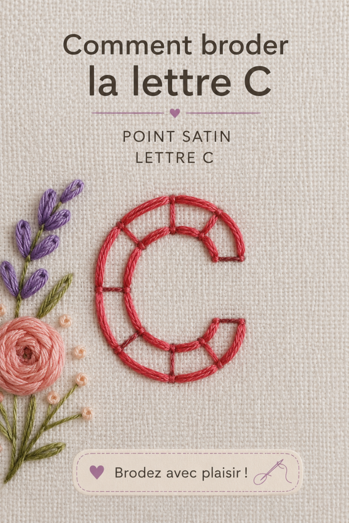 Une broderie élégante de la lettre C en point satin sur un joli tissu