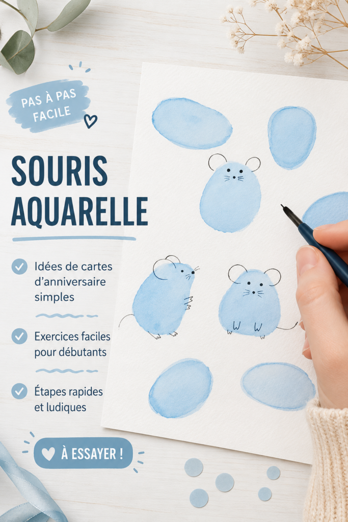 Carte d'anniversaire décorée à l'aquarelle avec des motifs colorés.
