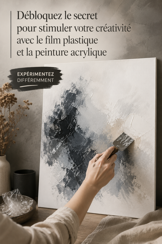 Création artistique avec film plastique et peinture acrylique sur toile.