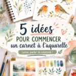 Une illustration colorée d'aquarelle dans un carnet ouvert, représentant des paysages naturels.