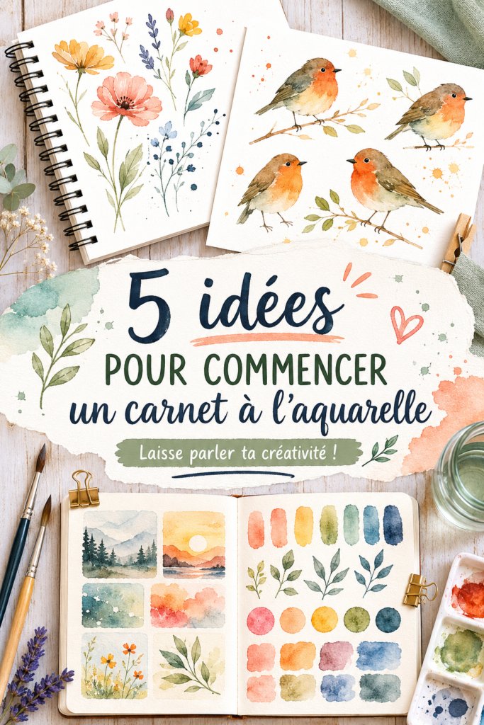 Une illustration colorée d'aquarelle dans un carnet ouvert, représentant des paysages naturels.