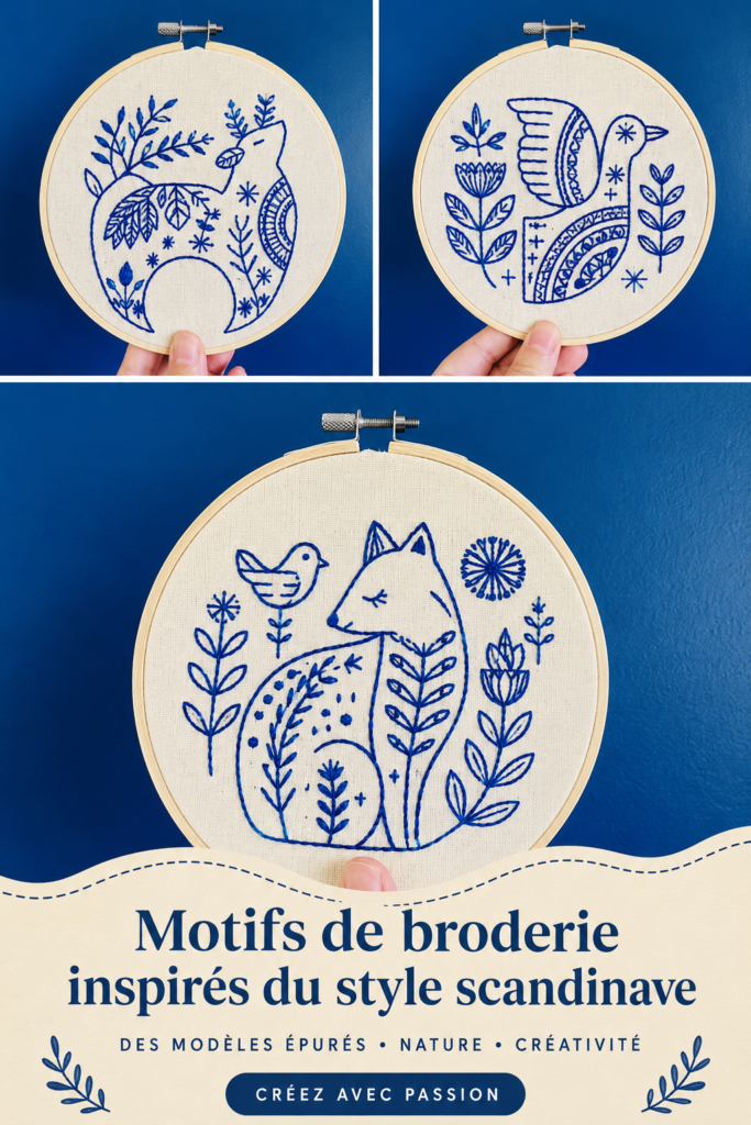 Motifs de broderie inspirés par le style scandinave sur un tissu de lin
