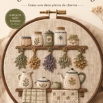 Patron de broderie vintage pour décorer une étagère de cuisine, montrant des motifs colorés.