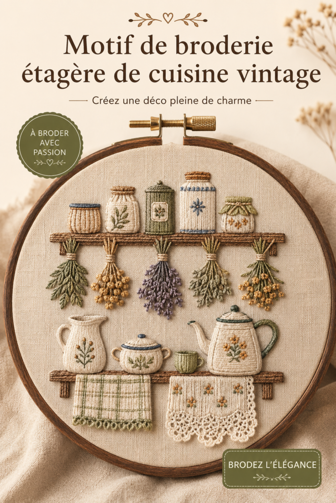 Patron de broderie vintage pour décorer une étagère de cuisine, montrant des motifs colorés.