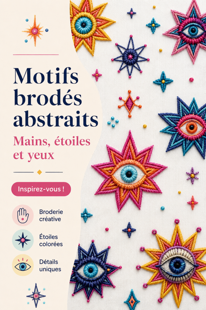 Patron de broderie abstrait avec des motifs d'étoiles et d'yeux, mettant en valeur la créativité.