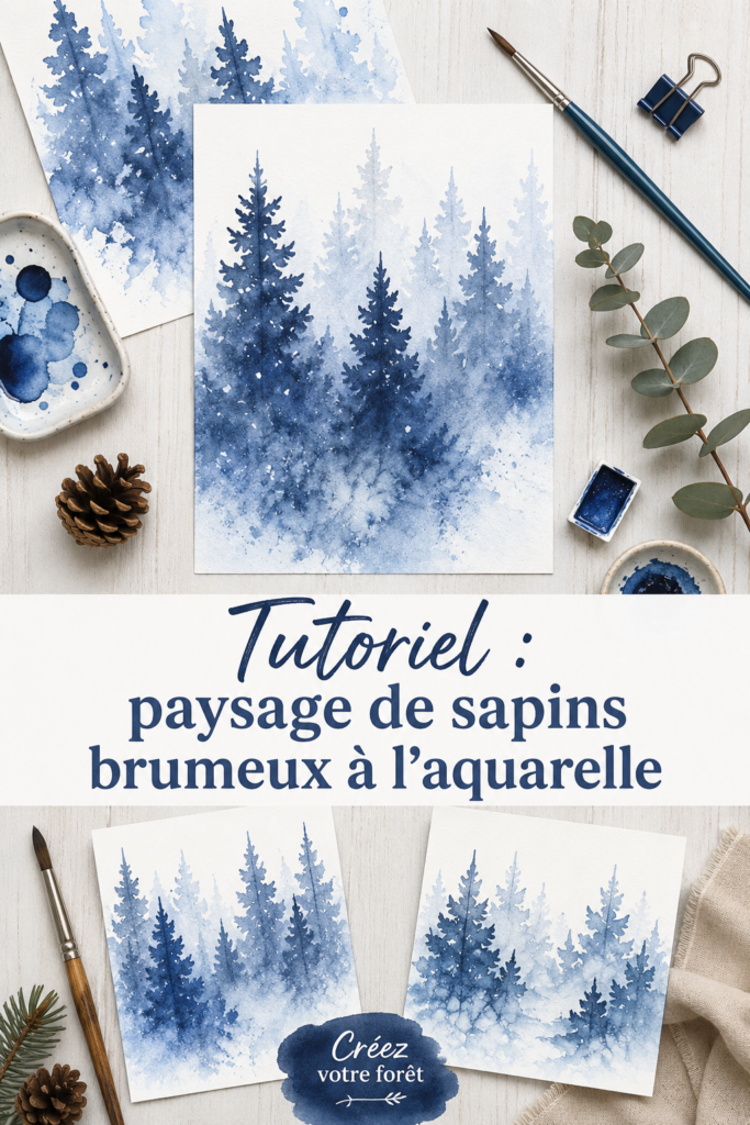 Un paysage aquarellé de sapins brumeux sur une toile.