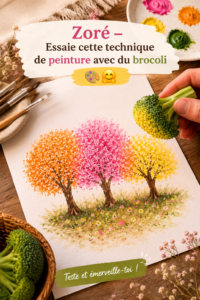 Image d'une œuvre d'art créée avec de la peinture et du brocoli, montrant des couleurs vives et des motifs amusants.