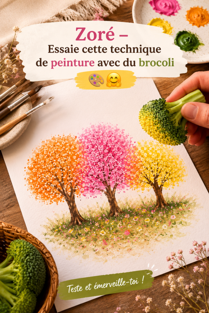 Image d'une œuvre d'art créée avec de la peinture et du brocoli, montrant des couleurs vives et des motifs amusants.