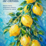 Peinture à l'huile de citrons vifs accrochée dans une cuisine moderne