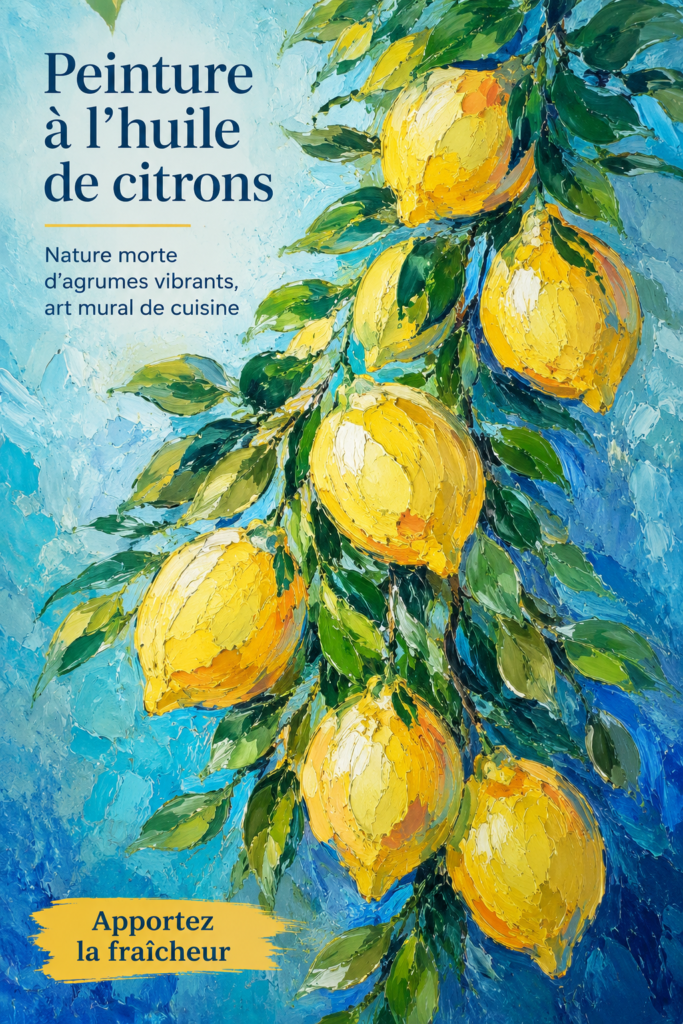 Peinture à l'huile de citrons vifs accrochée dans une cuisine moderne