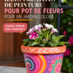Des pots de fleurs peints avec des motifs colorés dans un jardin vibrant.