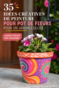 Des pots de fleurs peints avec des motifs colorés dans un jardin vibrant.