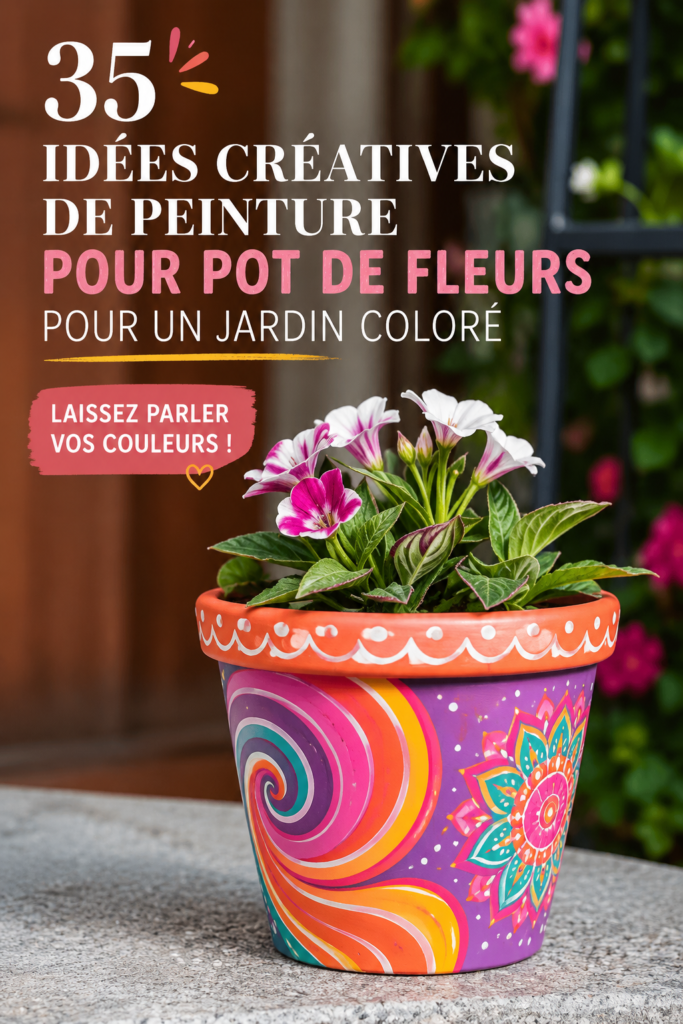 Des pots de fleurs peints avec des motifs colorés dans un jardin vibrant.