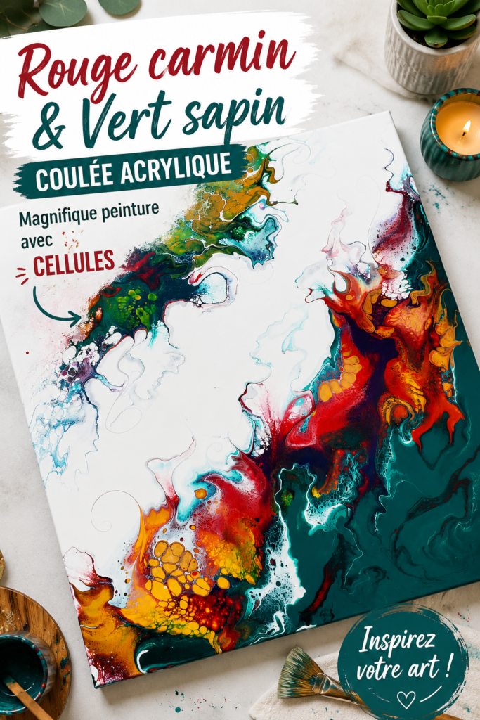 Une toile colorée réalisée avec du rouge cramoisi et du vert pin, illustrant la technique du pouring acrylique.