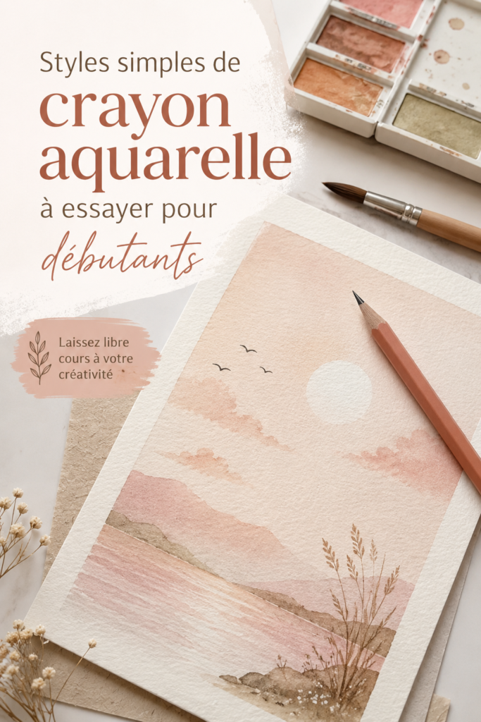 Des crayons aquarelle dans des teintes vibrantes disposés sur une table avec un carnet de croquis.