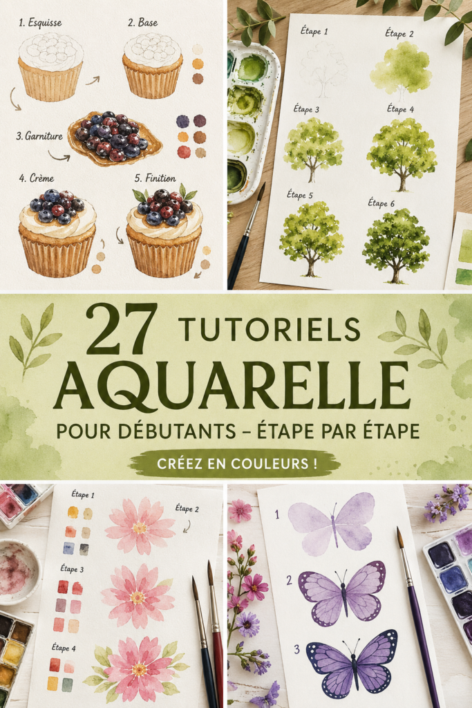 Image colorée de dessins à l'aquarelle, représentant des paysages et des fleurs, inspirant à la création artistique.