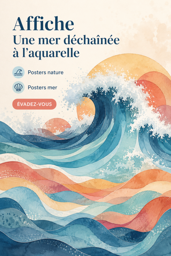 Affiche d'une mer déchaînée à l'aquarelle, apportant une touche naturelle à la décoration intérieure