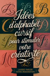 Palette d'idées d'écriture cursive sur fond clair, incluant des lettres et des motifs variés