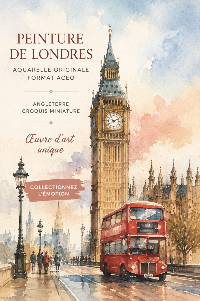Aquarelle miniature de Londres représentant un monument emblématique.