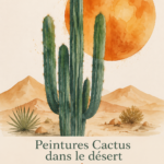 Des aquarelles représentant des cactus dans un paysage désertique, apportant une ambiance chaleureuse à la décoration intérieure.