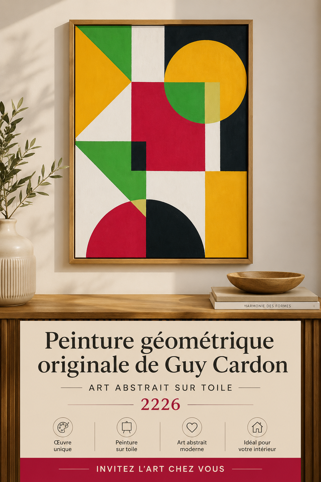 Peinture géométrique colorée avec des formes abstraites.