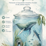 Aquarelle illustrant une baleine majestueuse nageant dans l'océan.