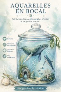 Aquarelle illustrant une baleine majestueuse nageant dans l'océan.