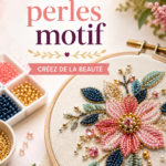 Broderie colorée avec des perles ajoutées pour embellissement.