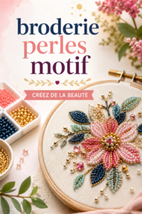 Broderie colorée avec des perles ajoutées pour embellissement.