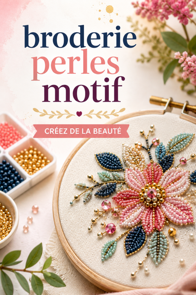 Broderie colorée avec des perles ajoutées pour embellissement.