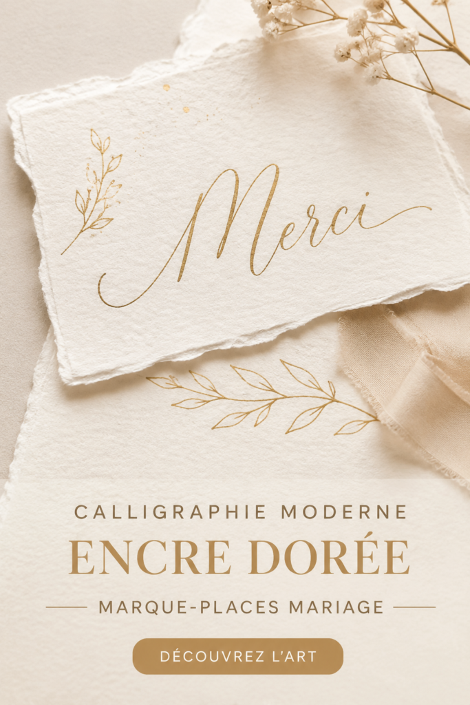 Exemple de marque-places mariage en calligraphie dorée
