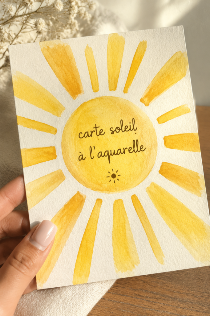 Carte soleil réalisée en aquarelle, avec des couleurs vibrantes et des détails délicats.