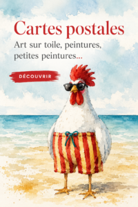 Une collection de cartes postales artistiques colorées exposées sur un mur.