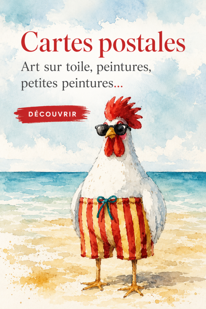 Une collection de cartes postales artistiques colorées exposées sur un mur.