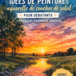 Une peinture aquarelle colorée représentant un coucher de soleil sur la mer.