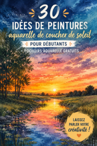 Une peinture aquarelle colorée représentant un coucher de soleil sur la mer.