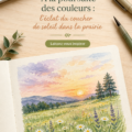 Un paysage avec un coucher de soleil vibrant sur une prairie, illustrant une palette de couleurs chaudes.