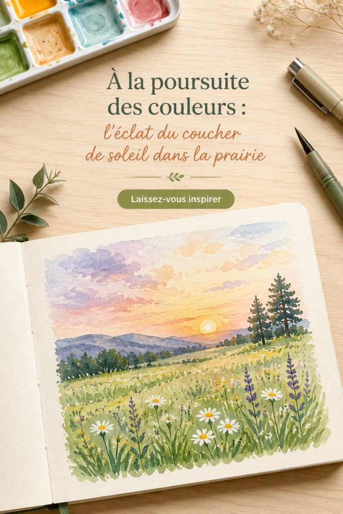 Un paysage avec un coucher de soleil vibrant sur une prairie, illustrant une palette de couleurs chaudes.