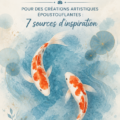 Illustration d'une aquarelle représentant des poissons Koï colorés dans une mare
