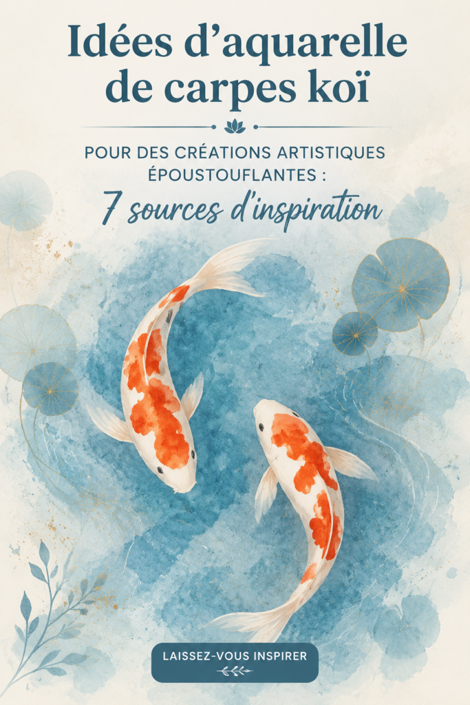 Illustration d'une aquarelle représentant des poissons Koï colorés dans une mare