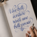 Un exemple d'écriture à la main élégante sur fond blanc avec des stylos colorés.