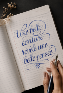 Un exemple d'écriture à la main élégante sur fond blanc avec des stylos colorés.
