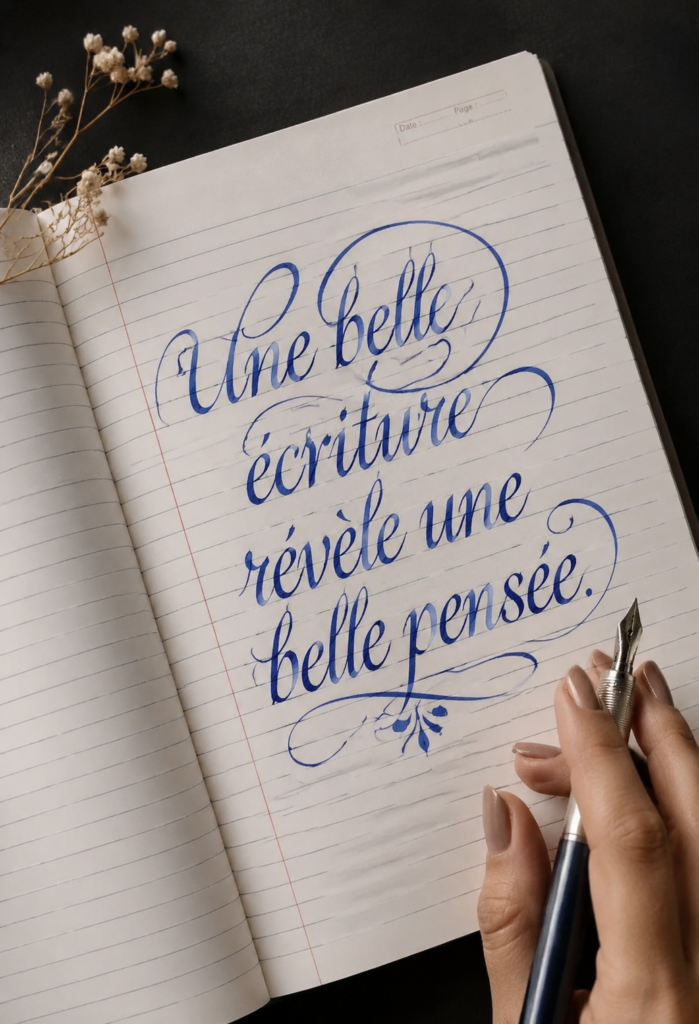 Un exemple d'écriture à la main élégante sur fond blanc avec des stylos colorés.