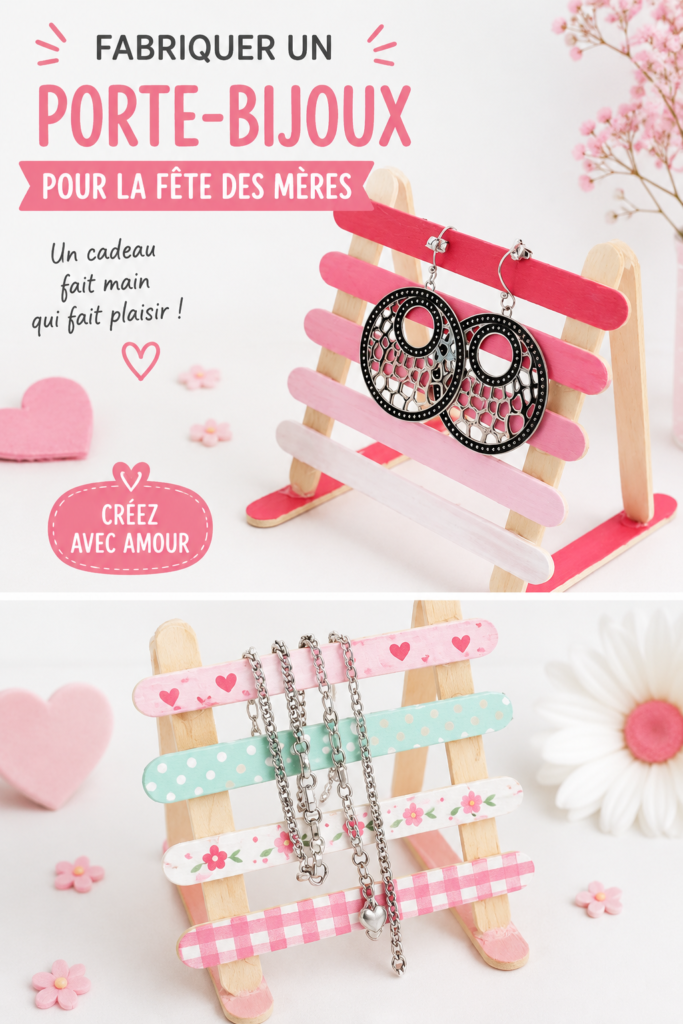 Un porte-bijoux fait main avec des bijoux colorés, idéal pour la fête des Mères.