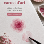 Un journal artistique ouvert avec des crayons et des aquarelles, symbolisant la créativité.