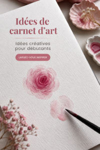 Un journal artistique ouvert avec des crayons et des aquarelles, symbolisant la créativité.
